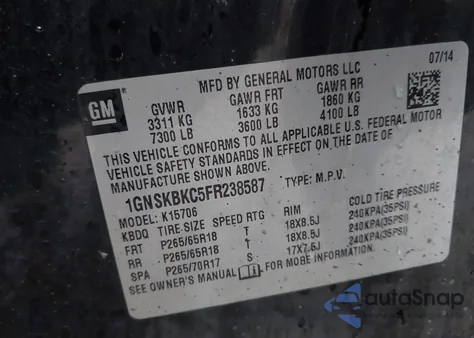 2015 Chevrolet Tahoe Lt из США, поврежденный, VIN 1GNSKBKC5FR238587